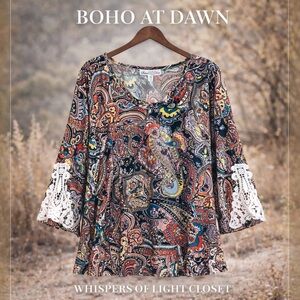 Stem & Vine Paisley Boho Top 3X Crochet Sleeve Flowy Blouse